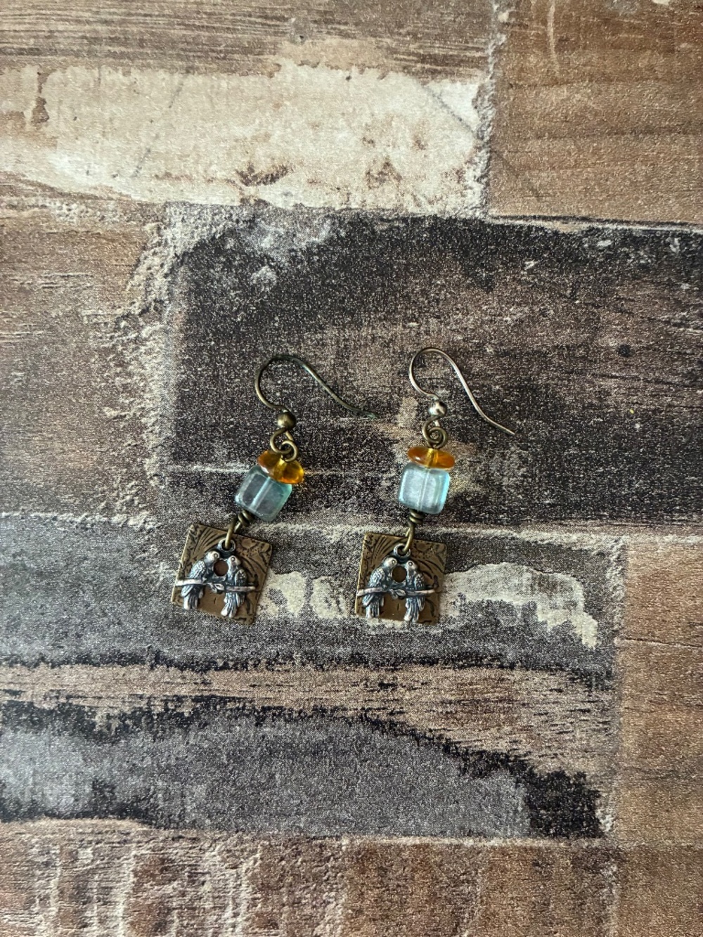 Bird blue and orange dangle earrings